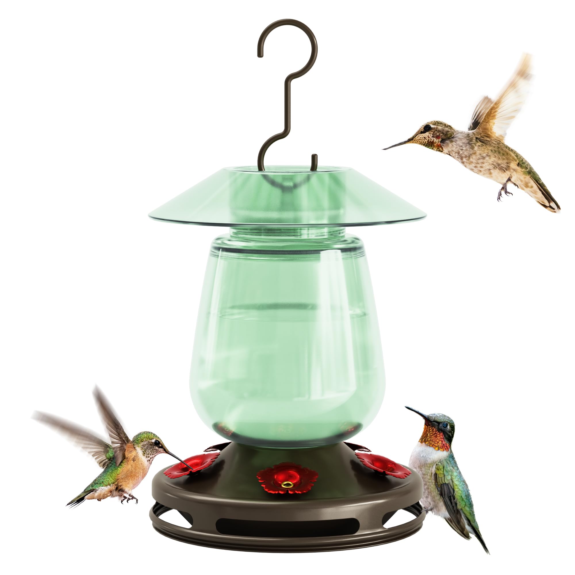Photo 1 of Auslar 16 Ounces Glass Hummingbird Feeders for Outdoors Hanging, Green Hummingbird Feeder with 5 Flower Feeding Ports & Built-in Ant Moat, Rustproof, Leakproof, Barn Lantern Shape