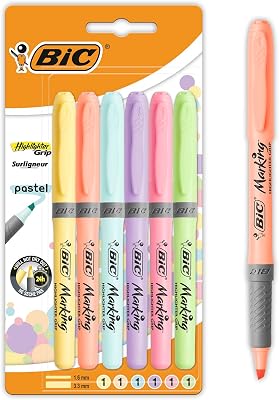 Marcadores de ponta de cinzel ajustável pastel grip bic - cores sortidas, pacote com 6 marcadores pastel, ideal para material escolar e de escritório