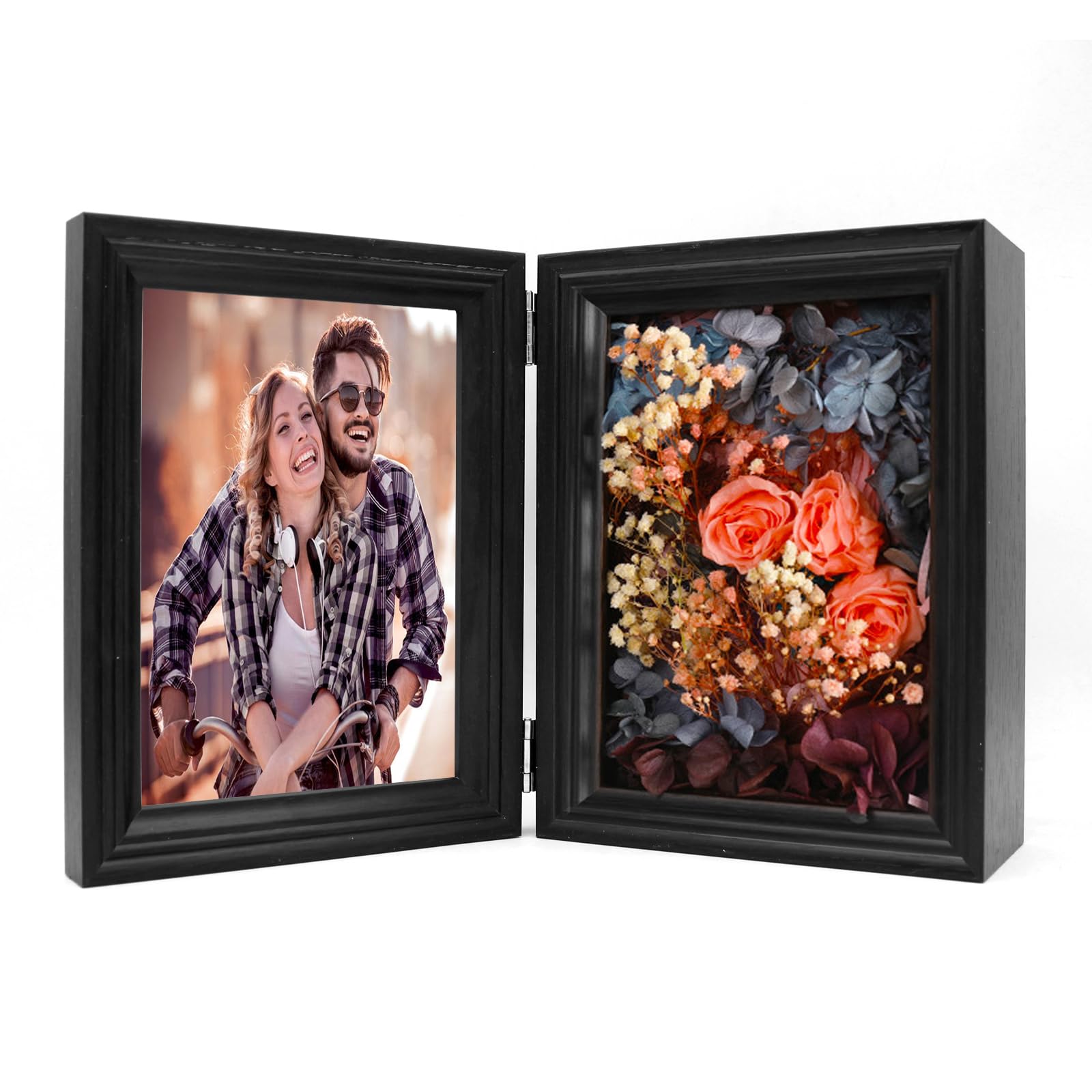 5x7 Shadow Boxes Frame, Deep Display Case for Wedding Bouquet Flowers Memorabilia Photos, Folding Picture Frames with Glass Front Stand Vertical on Tabletop - Walnut Finish