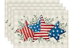 Artoid Mode American Flag Stars Eucalyptus 4th of July Placemats Set of 4, 12x18 Inch Seasonal Patriotic Memorial Day Table Mats for Party Kitchen Dining Decoration Red
