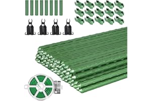 GARMEINEA Garden Stakes 60 Pack, 16 Inch Each, DIY 3ft 4ft 5ft 6ft 7ft Sturdy Steel Plant Stakes with 50 Connectors, 30 Rotatable Clips, 10 A-Type Connecting Pipe and 164 Feet Twist Tie for Climbing Plants