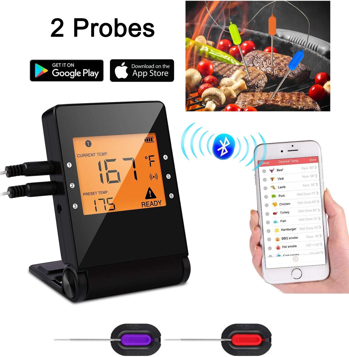 Meat Thermometer, Bluetooth Grilling Cooking Thermometer with 2 Probes, Wireless Remote Digital Thermometer for Oven Kitchen Smoker BBQ, iPhone & Android Phone Supported By Heesai