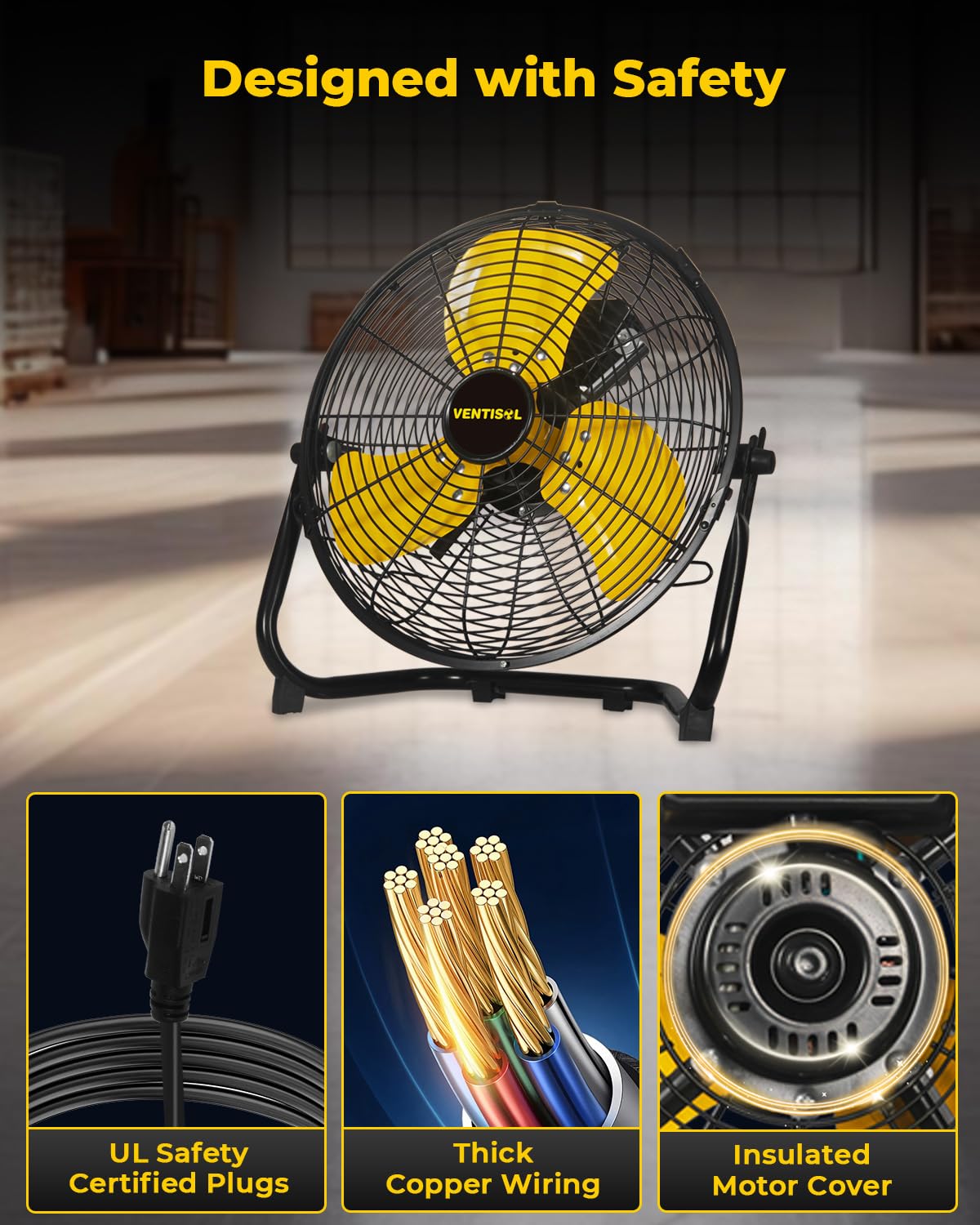 VENTISOL 12 Inch Portable Floor Fan, 3 Speed Metal Industrial Shop Fans with 180° Tilt, 1700 CFM High Velocity Heavy Duty Fan, for Bedroom, Garage, Workshop