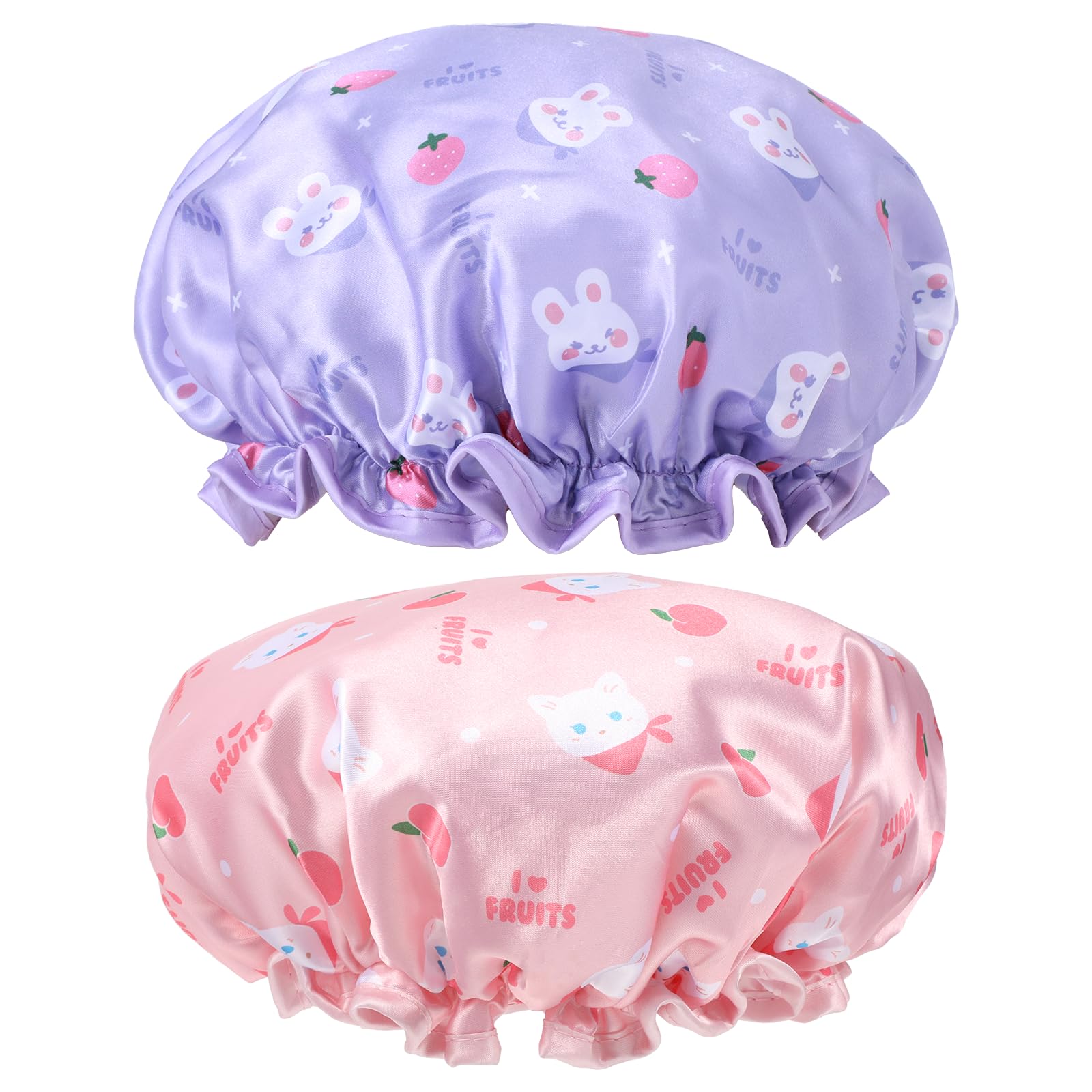 Photo 1 of TIESOME Kids Shower Caps, 2 PCS Pink & Purple Waterproof Double Layers Shower Caps Cute Rabbit Bonnets Elastic Band Bonnet Satin and Eva Soft Sleeping Cap Reusable Cap for Kids