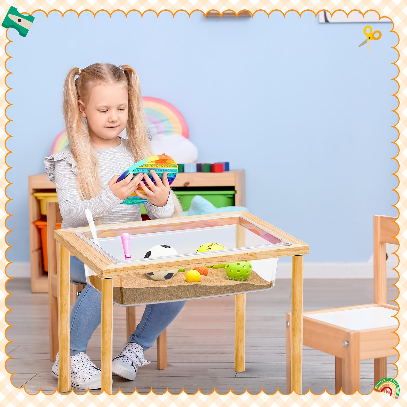 Uiifan 2 Sets Wood Sensory Sand Water Table 20 Inch High Kid Activity Table for Kids Toddlers Preschool Classroom Gift(Wood Color)