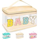 Chenille Letter Clear Makeup Bags Baby Pouch, Preppy Patch Makeup Bag Zipper with Handle, Transparent PVC & Nylon Waterproof Glitter Cosmetic Handbag Travel Toiletry Storage for Women Girl(BABY-Beige)