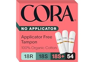 Cora Non-Applicator Tampons - 100% Organic Cotton | Ultra-Absorbent, Unscented, Natural, Non-Toxic, Applicator Free | Eco-Conscious (54 R/S/S+ Tampons)