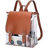 KKXIU Girls Clear Backpack Stadium Approved Transparent PVC Women Clear Bookbag with Leather for Sports Event, Concert (Brown)