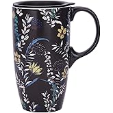 Topadorn Ceramic Coffee Mug Travel Cup Gift with Lid 17oz., Porcelain Tall Tea Cup with Handle for Home & Office, Black Floral Art Pattern Gift Mug, 6.5''H