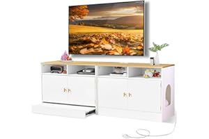 JanflyHome Cat Litter Box Enclosure for 2 Cats, TV Stand with Storage & Outlet, 63" Double Litter Box Enclosure Furniture, Wooden Enclosed Litter Box Cabinet, 63”L x 15.7”W x 23.6”H, White