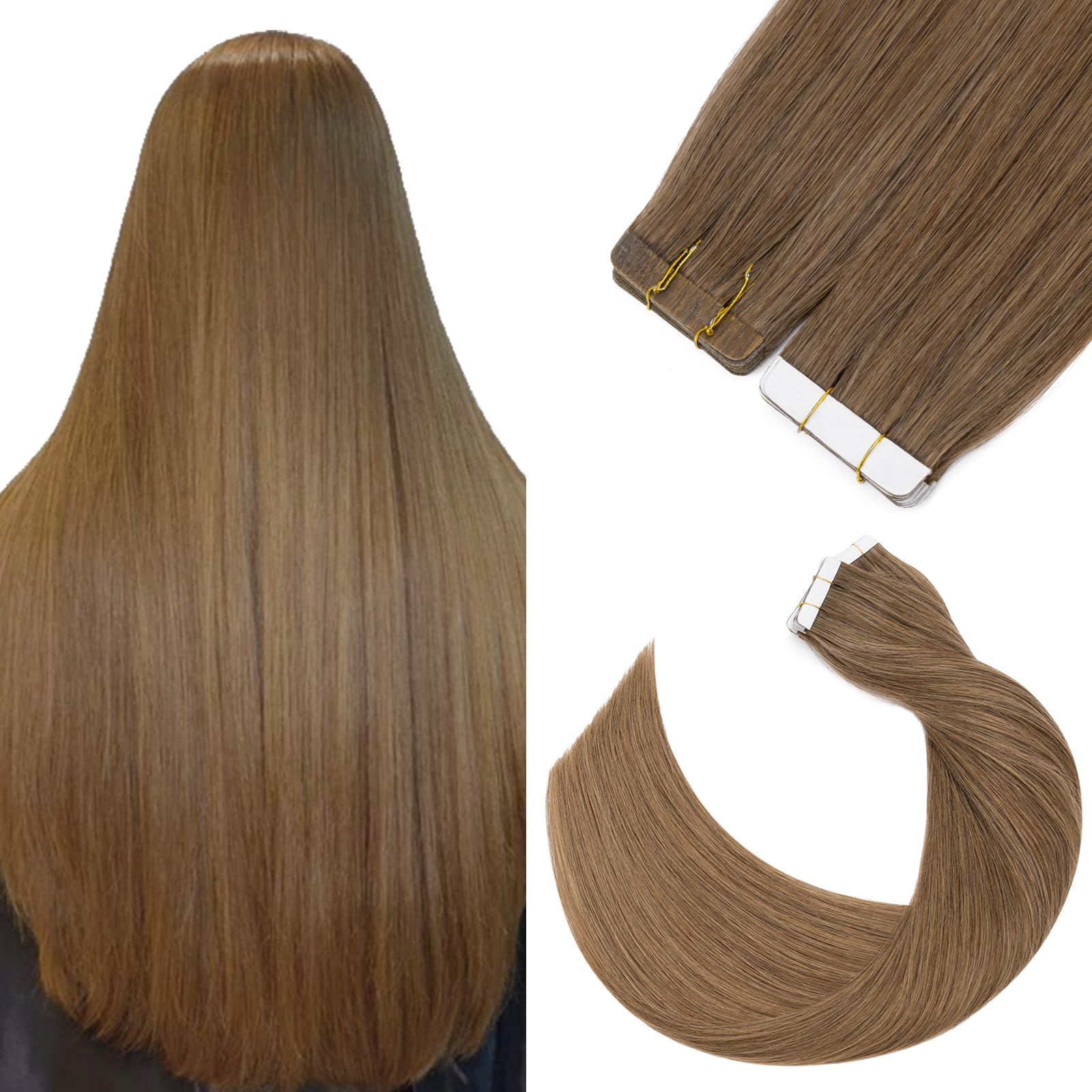 24inch Tape in Hair Extensions Human Hair 20 PCS 2.5g/pc 100% Real Natural Remy Hair Skin Weft Extension #06 Light Brown