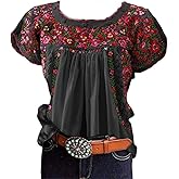 Pinclodly Women's Mexican Floral Embroidered Tops Summer Short Sleeve Pleated Peasant Blouses Casual Loose Crew Neck Shirt