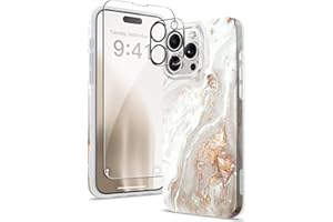 GVIEWIN for iPhone 15 Pro Max Case 6.7", Screen Protector+Camera Lens Protector, Shockproof Drop Protection, Marble Design Slim Soft TPU for iPhone 15 ProMax Women Phone Cover (Pearlescent/Gold)