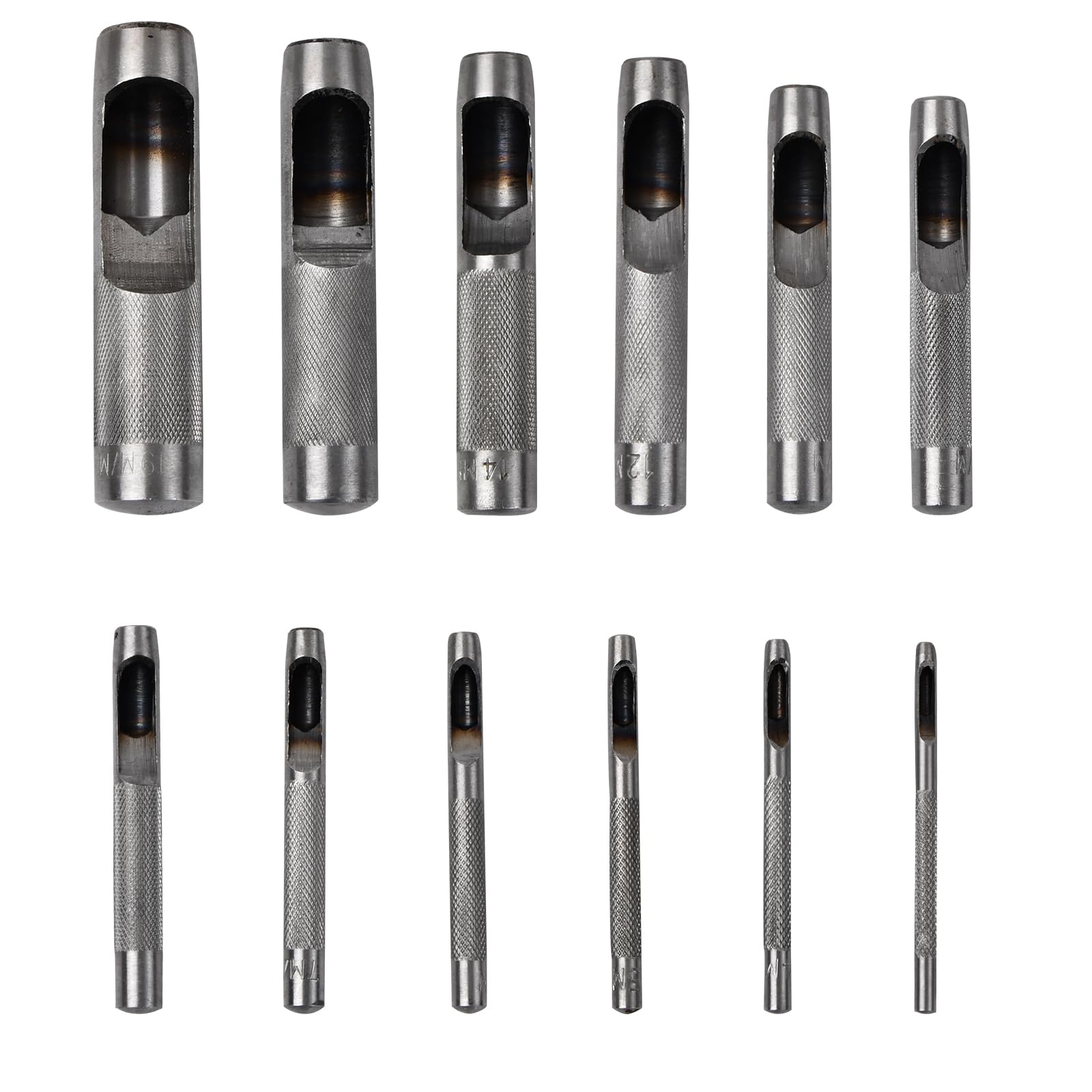 12Pcs Leather Hole Punch Tools, High Carbon Steel Round Punch, 3mm to 19mm DIY Precision Ground Hollow Punch Set, Hollow Cutter Set for Watch Bands Belts Canvas Paper Plastics