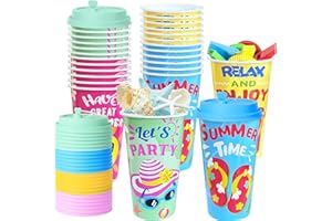 FZR Legend 24 Pack Beach Party Favors Goodie Cups, 16OZ Pool Luau Theme Party Decorations Plastic Cups, Summer Birthday for Kids Supplies with Lids Plugs