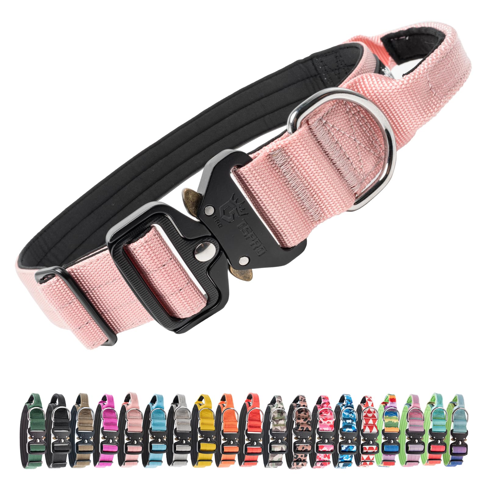 TSPRO Tactical Premium Dog Collar with Handle & Heavy Duty Quick Release Metal Buckle, Adjustable Thick Strong Collar for Medium Large Dogs (Pink, L)