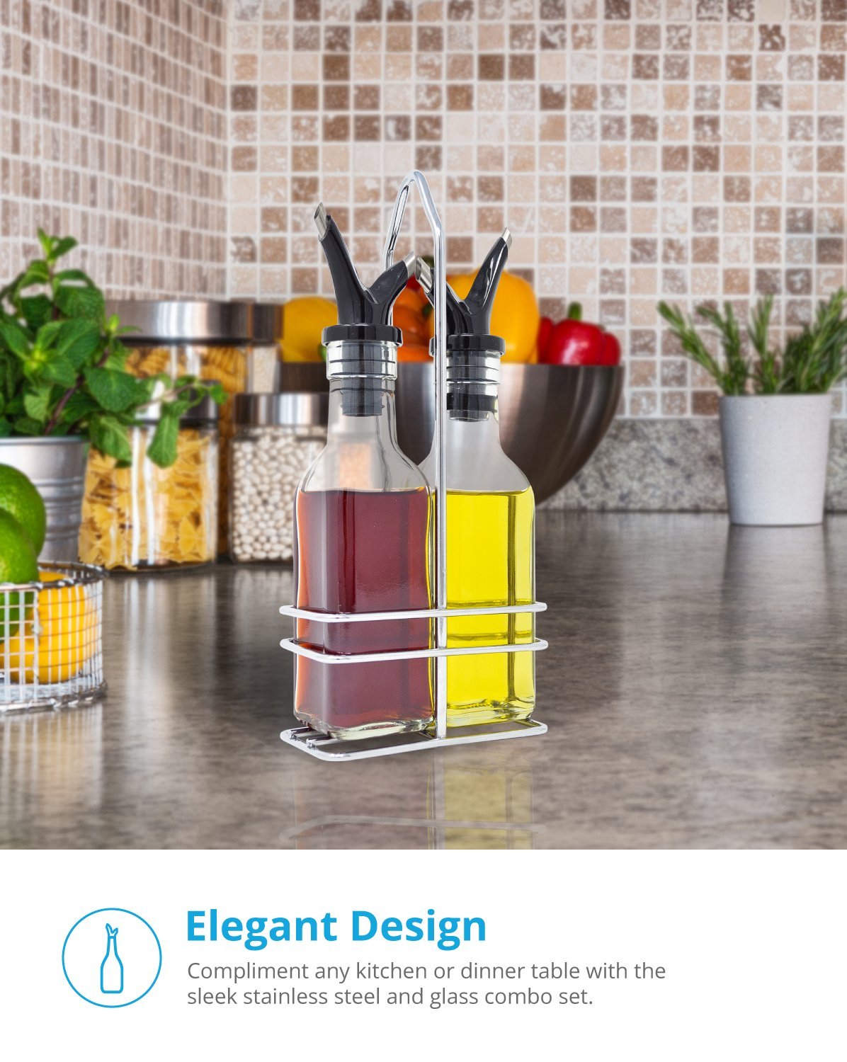 Oil and Vinegar Bottle Set with Stainless Steel Rack and Removable Cork