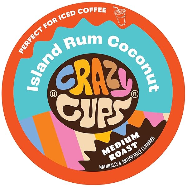 CRAZY CUPS FLAVORED COFFEE PODS, ISLAND RUM COCONUT SINGLE SERVE COFFEE CUPS FOR K CUP KEURIG MACHINES, BREW HOT OR ICED, 22 COUNT