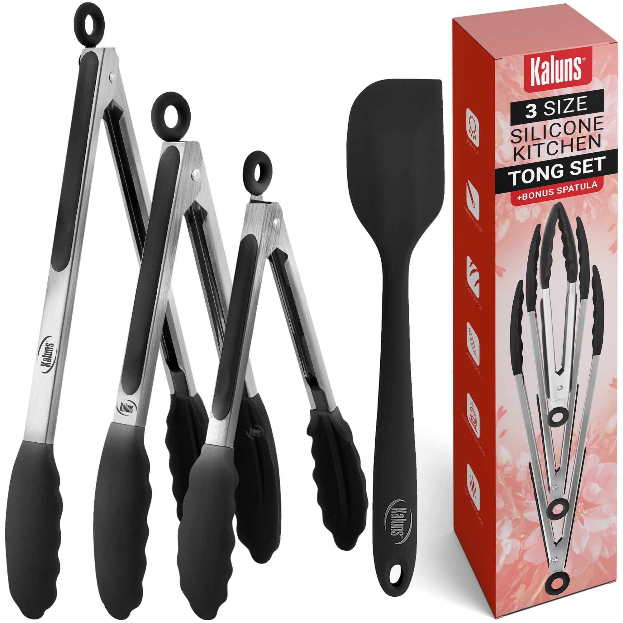 Kaluns Kitchen Tongs for Cooking, Non Stick Silicone Tip Stainless Steel Tongs, Set of Four 7,9, and 12 Inch Tong Plus Silicone Spatula Non-Stick, Heat Resistant Serving Utensils (Black)