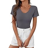 Ridshy Womens T Shirts Short Sleeve V Neck Tees Basic Tshirts Ribbed Casual Top