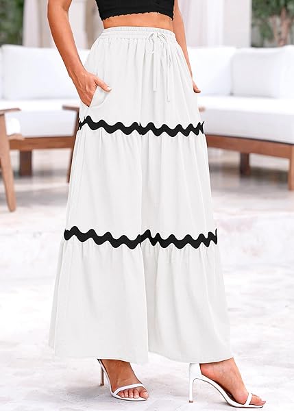 KIRUNDO WHITE SKIRT WOMENS 2024 SUMMER DRAWSTRING HIGH WAISTED FLOWY BOHO MAXI SKIRT CUTE A LINE BEACH SKIRT CRUISE VACATION OUTFITS FOR WOMEN(LARGE, WHITE)