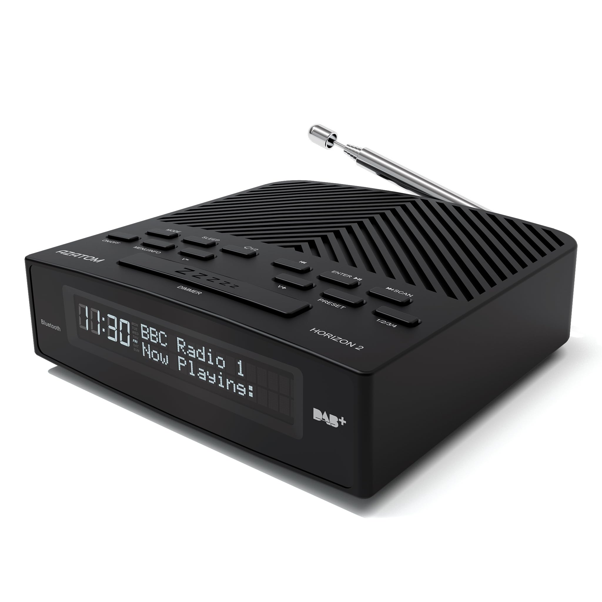 AZATOM Horizon 2 Black DAB+ & FM Radio, Dual Alarm Clock, Bluetooth, USB Mobile Charger, Mains & Battery Powered, Headphone Aux Input