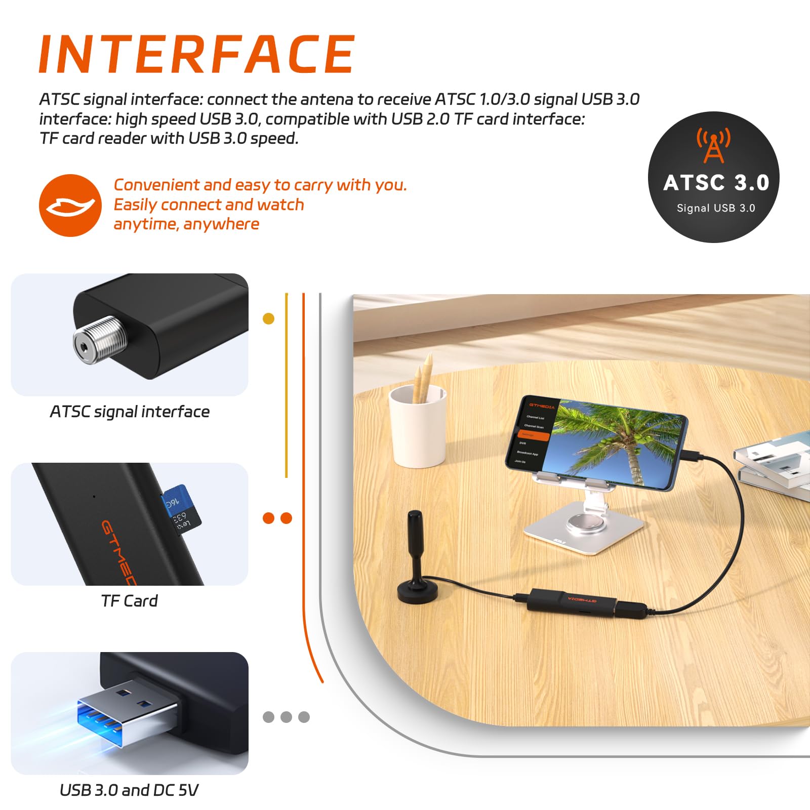 USB TV Tuners Next-Gen ATSC 3.0 / ATSC 1.0 Stick for Multiple-Android Phone Tablet Car Computer USB 3.0 Digital TV Tuners with DVR Recording Support HDTV Player Android App