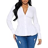 Women's Long Sleeve Button Down Shirt, Pleated Cinched Waist Blouse, Casual & Office Wear Tops