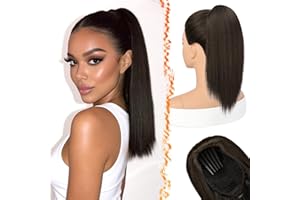 BARSDAR Dark Brown Straight Ponytail Extension - 16 Inch Short Straight Drawstring Ponytail Extension Natural Soft Synthetic 