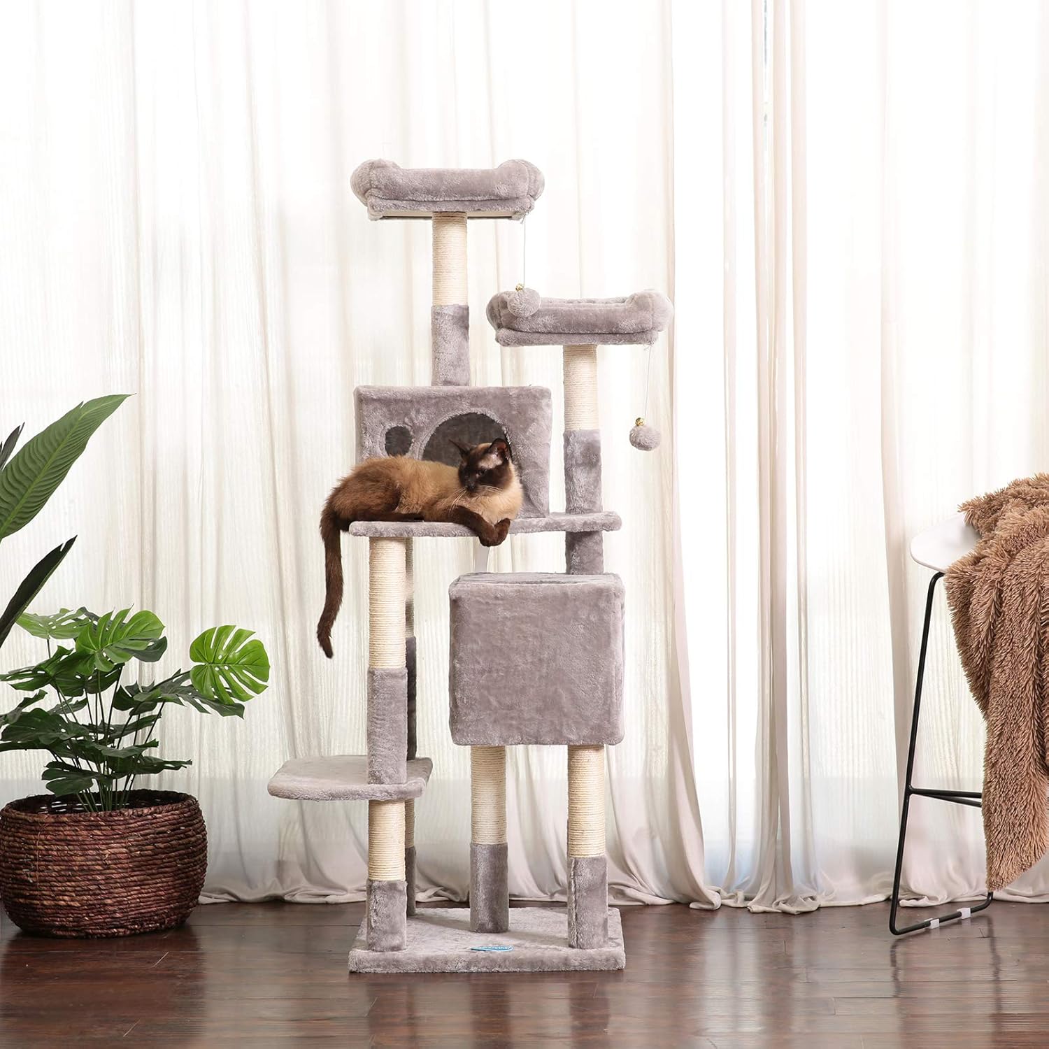 Hey-bro 60 inches Large Multi-Level Cat Tree Condo Furniture with Sisal-Covered Scratching Posts, 2 Plush Condos, 2 Plush Perches, for Kittens, Cats and Pets, Light Gray MPJ012W : Pet Supplies