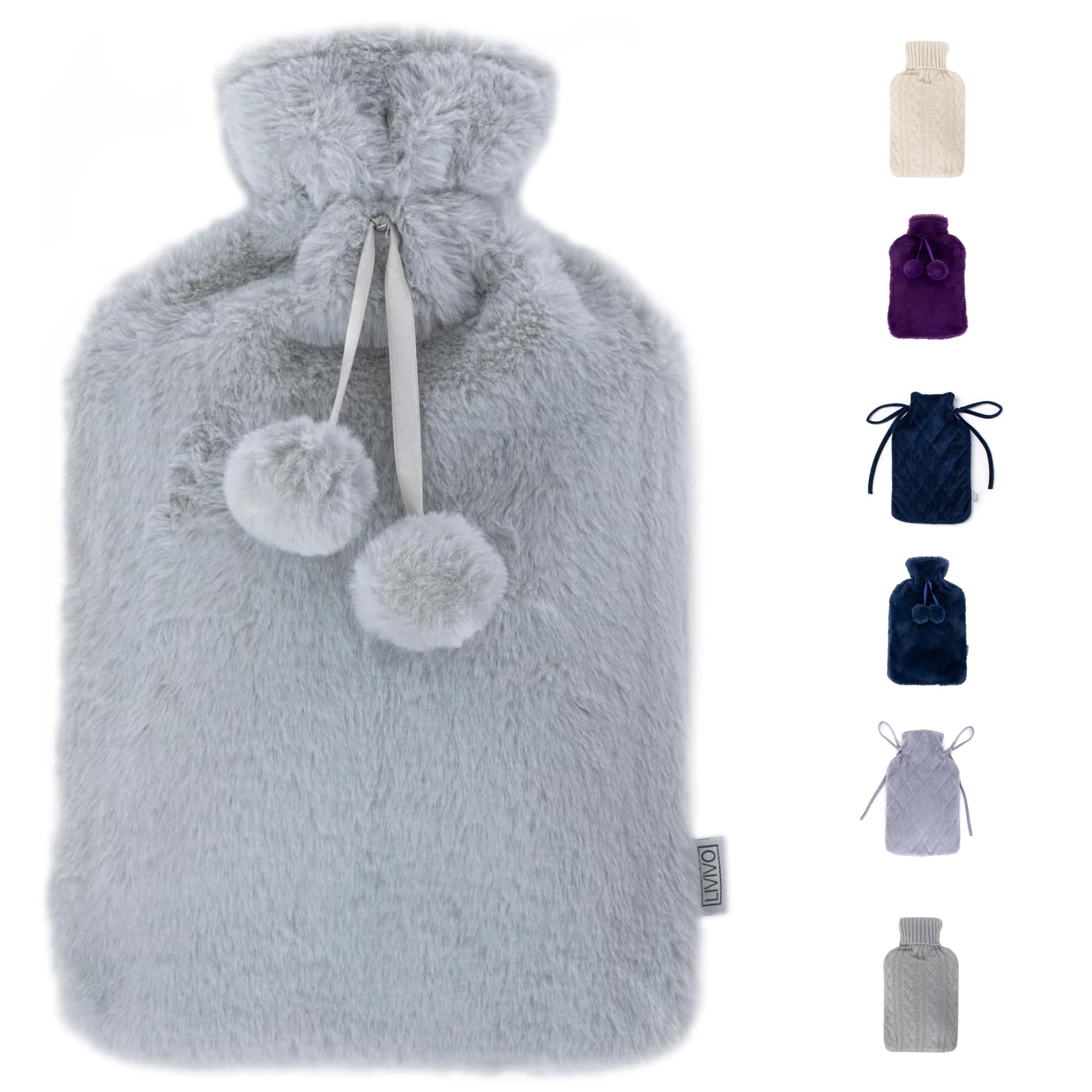 LIVIVO 2L Hot Water Bottle with Cover UK - Large Thermoplastic Hot Water Bottles for Adults Winter Warmth & Stress Relief - Warm Hot Water Bag, Removable Washable Cover, Leakproof Screw Cap - Grey