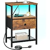 LOAKEKEL Nightstand with Charging Station, End Table with Fabric Drawer, LED Night Stand for Bedroom, Small Bed Side Table with USB Ports and Outlets for Living Room, Brown, HETS01BR-1
