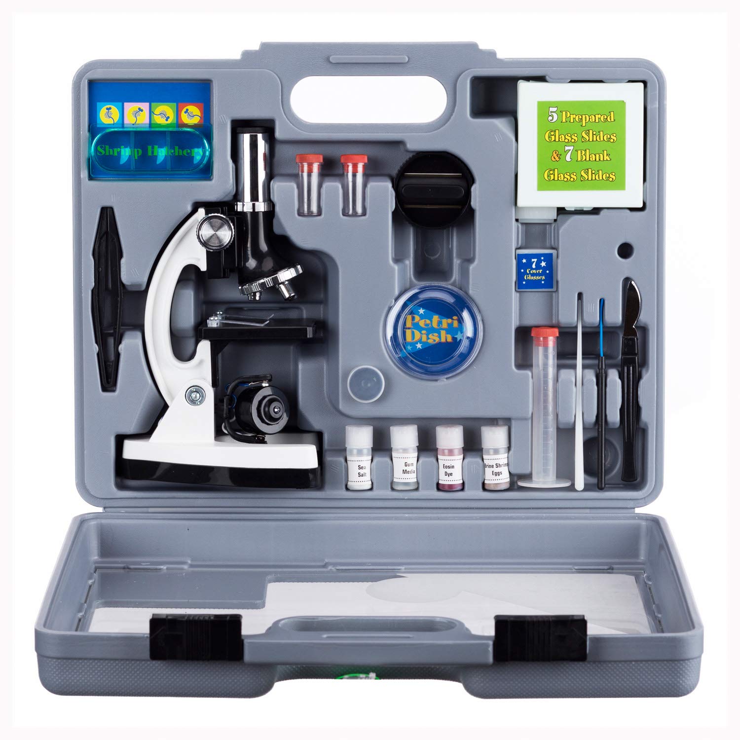 AmScope 120X-1200X 52-pcs Kids Beginner Microscope STEM Kit with Metal Body Microscope, Plastic Slides, LED Light and Carrying Box (M30-ABS-KT2-W),White: Industrial & Scientific