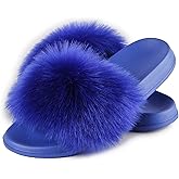 HIPRETTYUS Women's Faux Fur Slides, Open Toe Cute Fur Slippers, Indoor or Outdoor Comfortable Furry Slide Sandals With Fluffy Fur