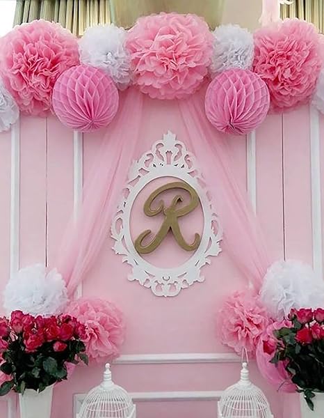 Furuix 14pcs Bianco Rosa Pompon Fiore Di Carta Velina Pompom Palle A Nido Dape Palla Appesa Pom Decorazione Della Festa Nuziale Nozze Nidi Tatuaggi