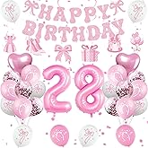 Miidenks 28th Birthday Decorations for Women, Pink Bow Coquette 28 Birthday Balloons Set,33 Pieces, Includes Banner, Hanging Swirls, Balloons, Perfect for Women's Party