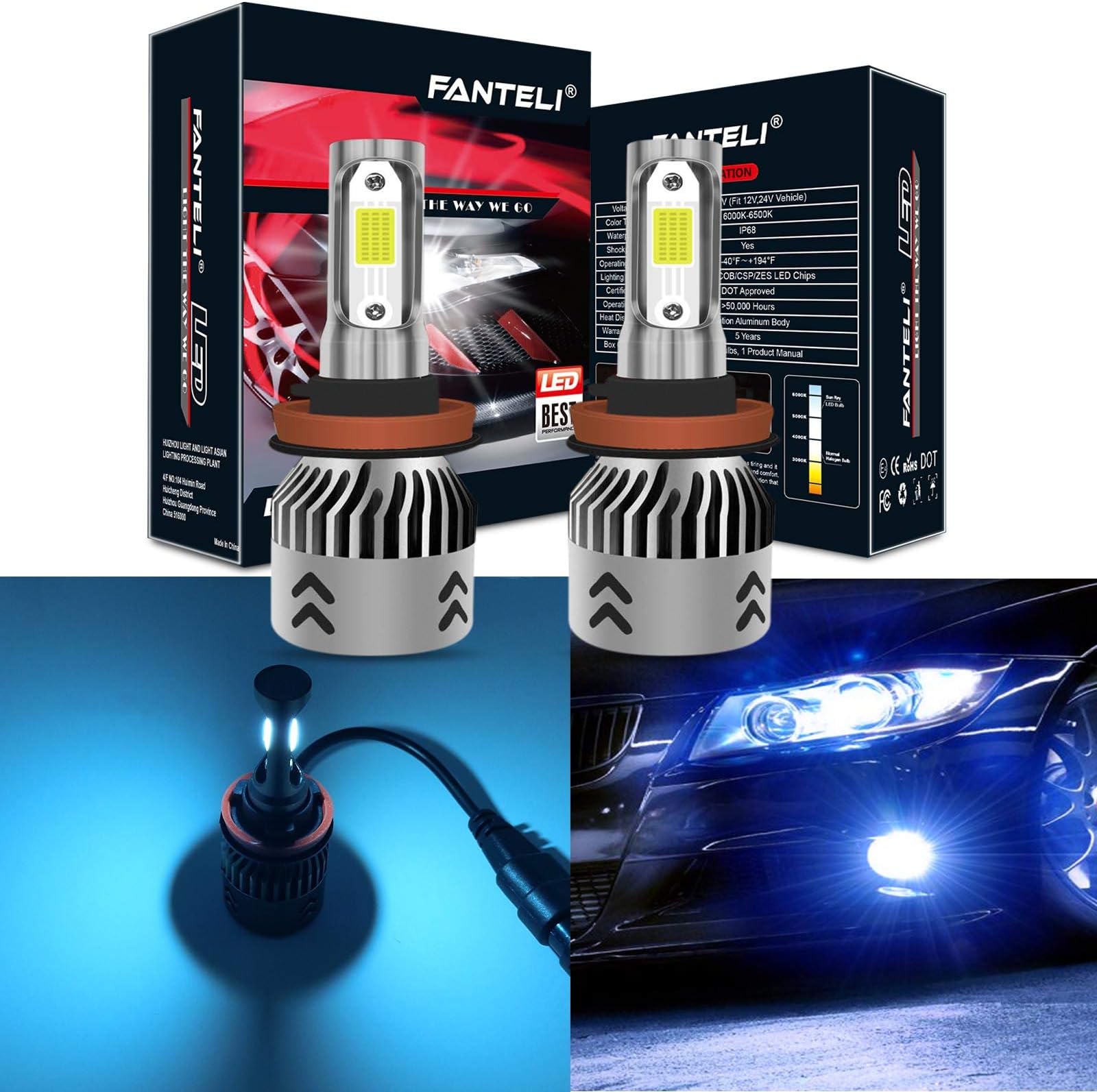 FANTELI H11 (H8, H9) 8000K Ice Blue LED Headlight Bulbs All-in-One Conversion Kit - 72W 8000LM High Beam/Low Beam/Fog Lights Extremely Bright