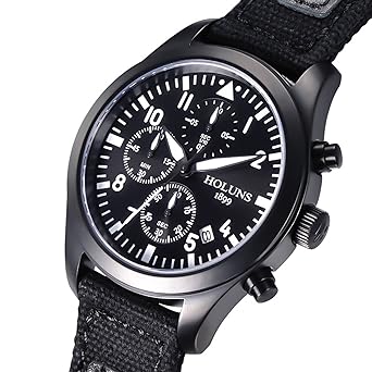 Holuns Mens Chronograph watch Luminous Canlendar waterproof Black Canvas Band Black Dial Quartz Watches