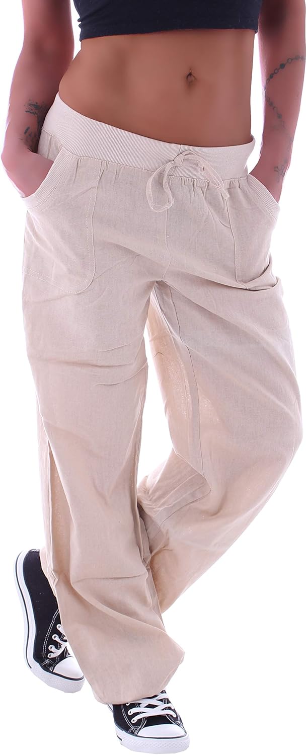 Mädchen Leinenhose Sommer - Hochtaillierte Palazzo Hose Mit Tunnelzug & Taschen