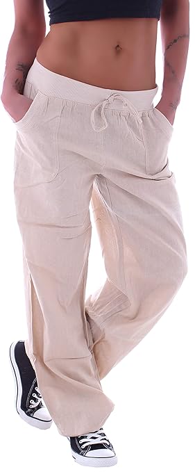 Style-Station Damen Leinenhose mit Gummibund Hose Hüfthose Sommer Lang Pumphose Freizeithose S 36 M 38 L 40 XL 42 XXL 44