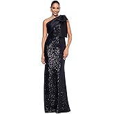 Betsy & Adam Women's Floor-Length, One-Shoulder, Sequined, with Bow Detail and Fitted Silhouette, Black, 8
