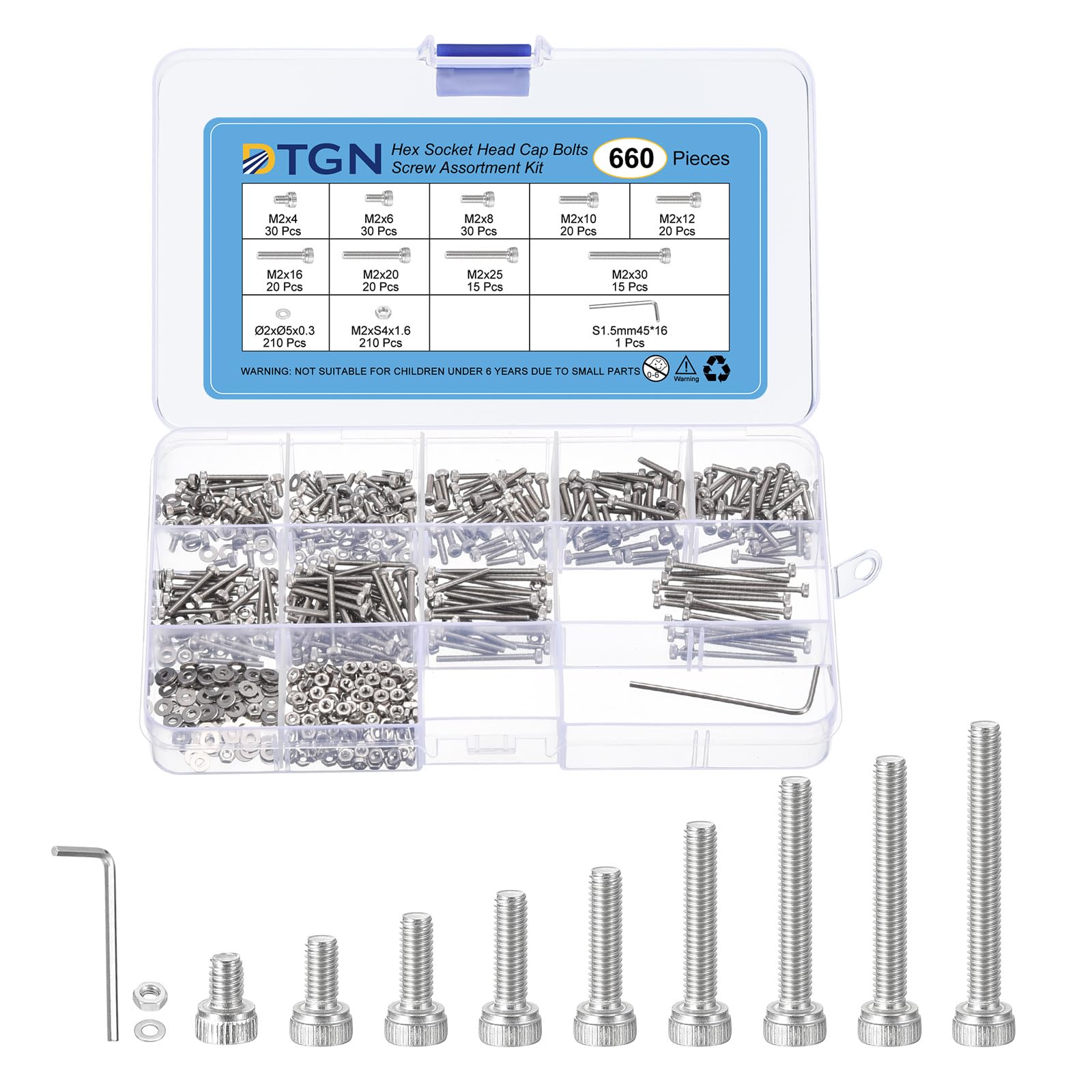DTGN 660Pcs M2 Metric Screw Assortment, Bolts and Nuts Kit, 304 Stainless Steel M2x4/6/8/10/12/16/20/25/30mm Hex Socket Head Cap Screws Bolt Set With Wrench, Washers for 3D Printing DIY