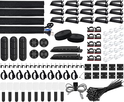SOULWIT Cable Management Kit 200Pcs - 4 Sleeves 37 Clips 10 Ties 20+2 Rolls