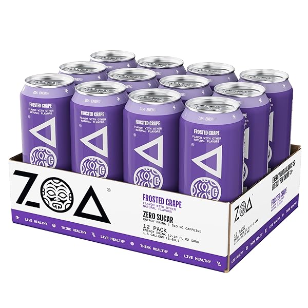 ZOA ZERO SUGAR ENERGY DRINKS, FROSTED GRAPE – SUGAR FREE WITH ELECTROLYTES, HEALTHY VITAMIN C, AMINO ACIDS, ESSENTIAL B-VITAMINS, AND CAFFEINE FROM GREEN TEA – 16 FL OZ (12-PACK)