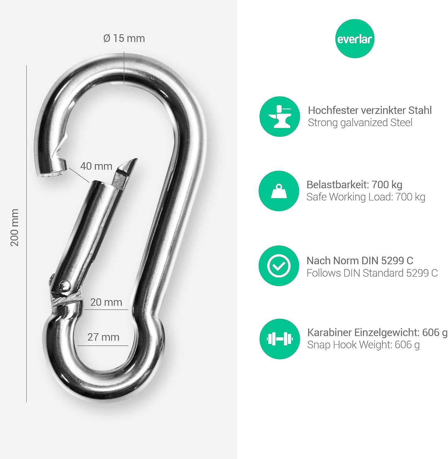 everlar® Carabiner, 15 mm, 6XL, 700 kg, Secure and Easy Attachment of Hanging Chair, Hammock, Swing, Punch Bag, Awning and Much More - Image 3