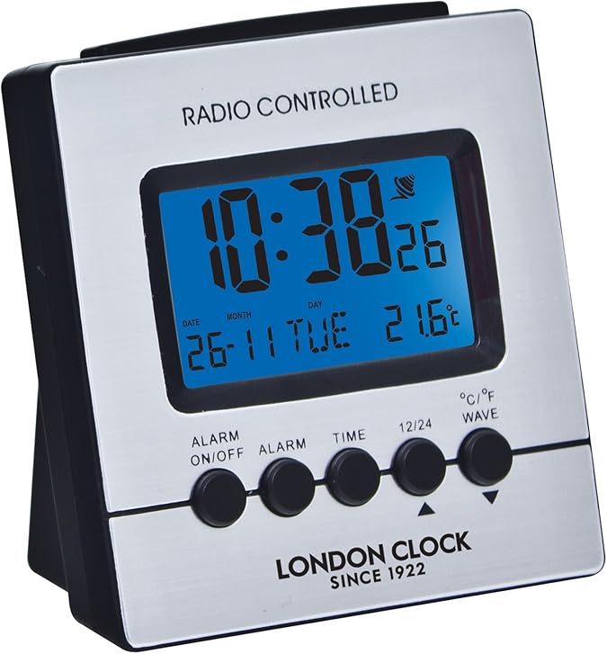 London Clock 34381 Radio Controlled LCD Silver Tone Alarm Clock Digital Snooze Amazon.co.uk