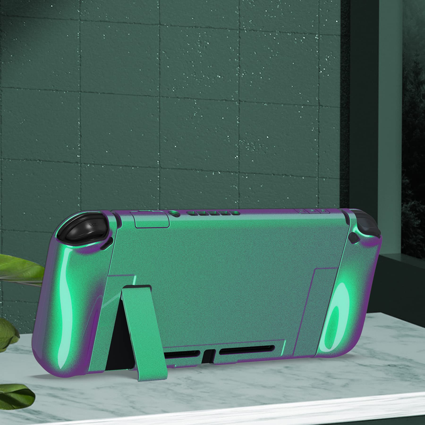 PlayVital AlterGrips Ergonomic Grips Cover for Nintendo Switch, [2 Design] Interchangeable Comfort Dockable Protective Case with Screen Protector & Thumb Grip Buttons Caps - Chameleon Green Purple