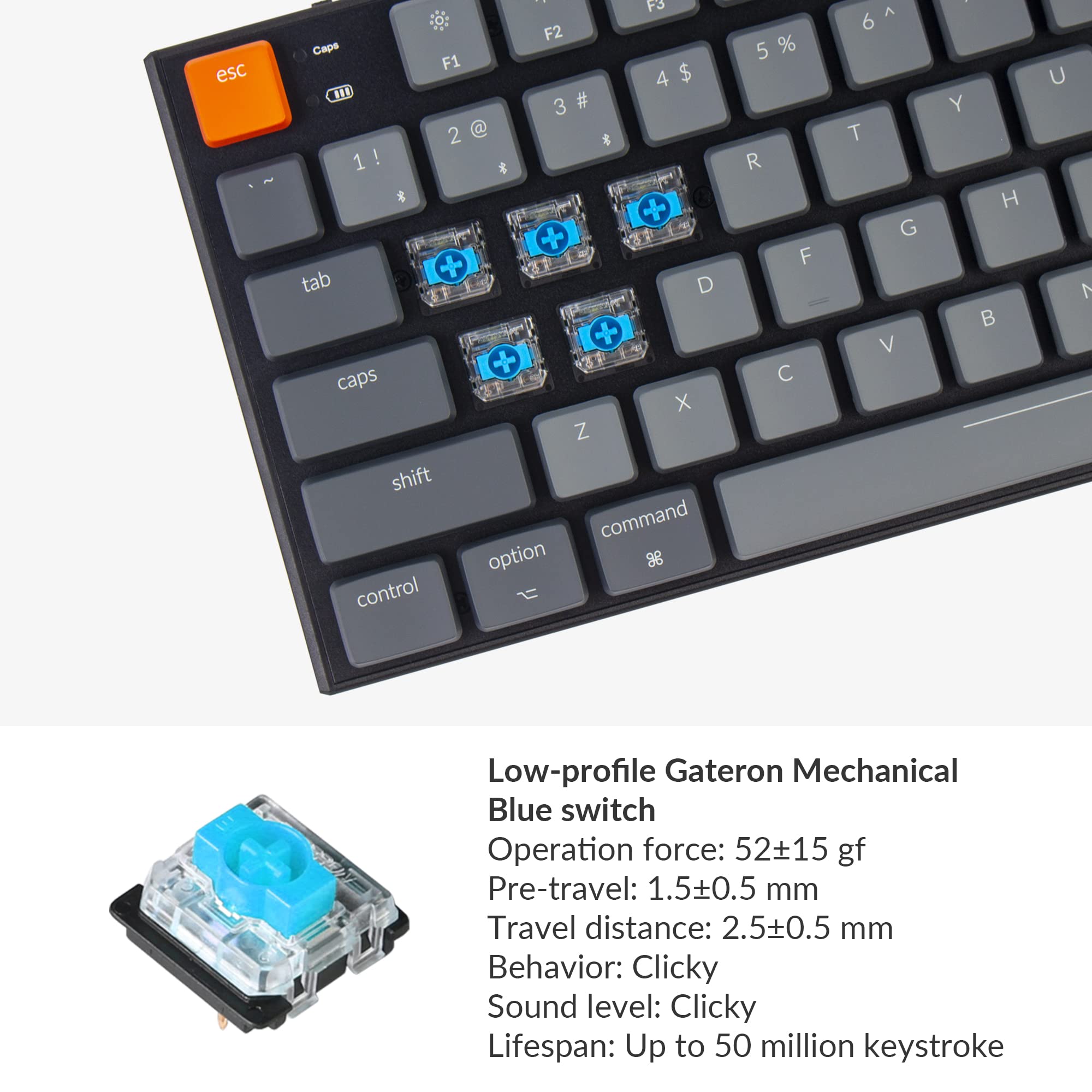Keychron K1, Tenkeyless Layout 87 Keys Ultra-Slim Bluetooth Wireless/USB Wired Mechanical Gaming Keyboard with Low-Profile Gateron Blue Switch White LED Backlit Compatible with Mac Windows-Version 5