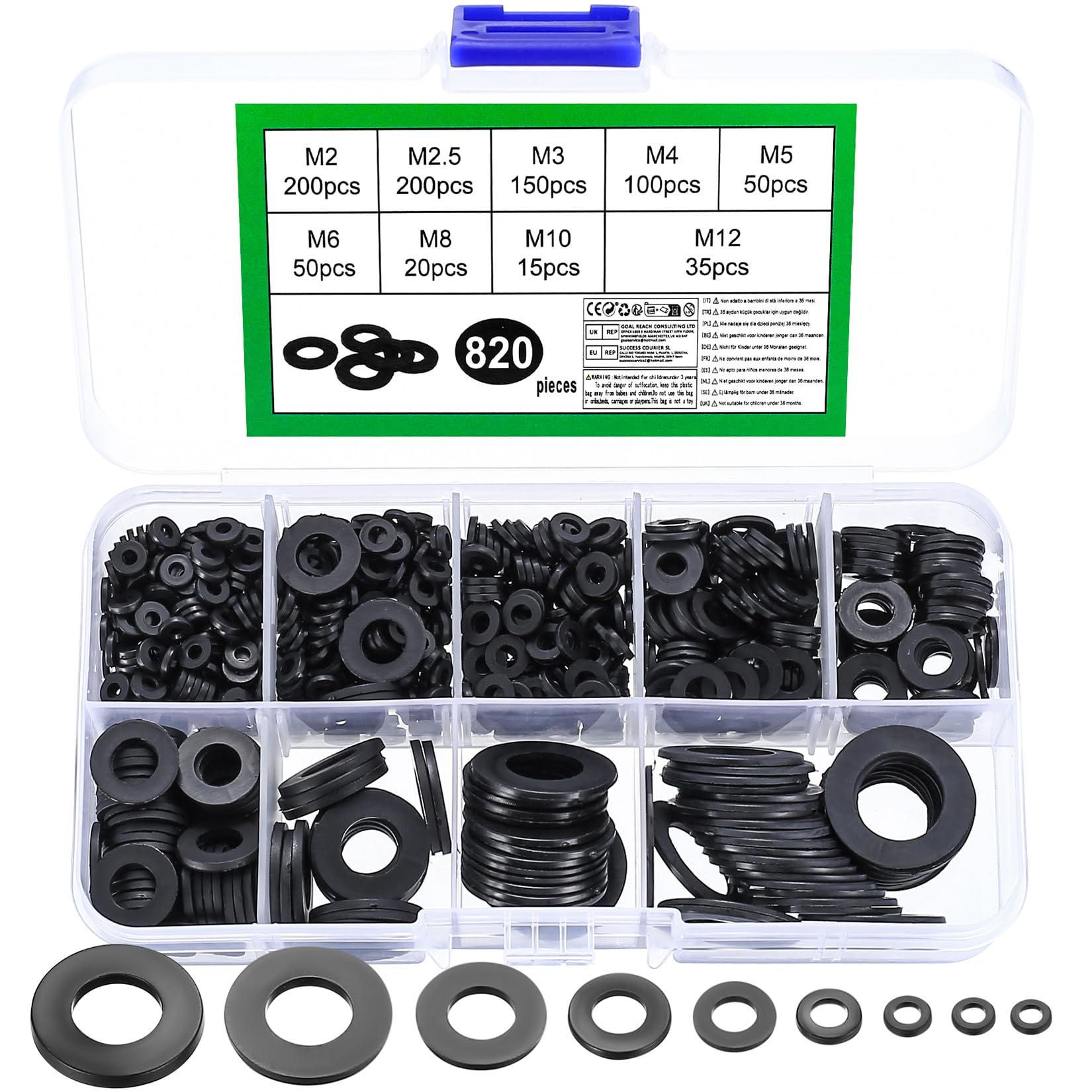 SZSLMY 820 Pcs Nylon Black Flat Torque Washers Assortment, M2-M12 for Screws Bolts Plumbing Repair