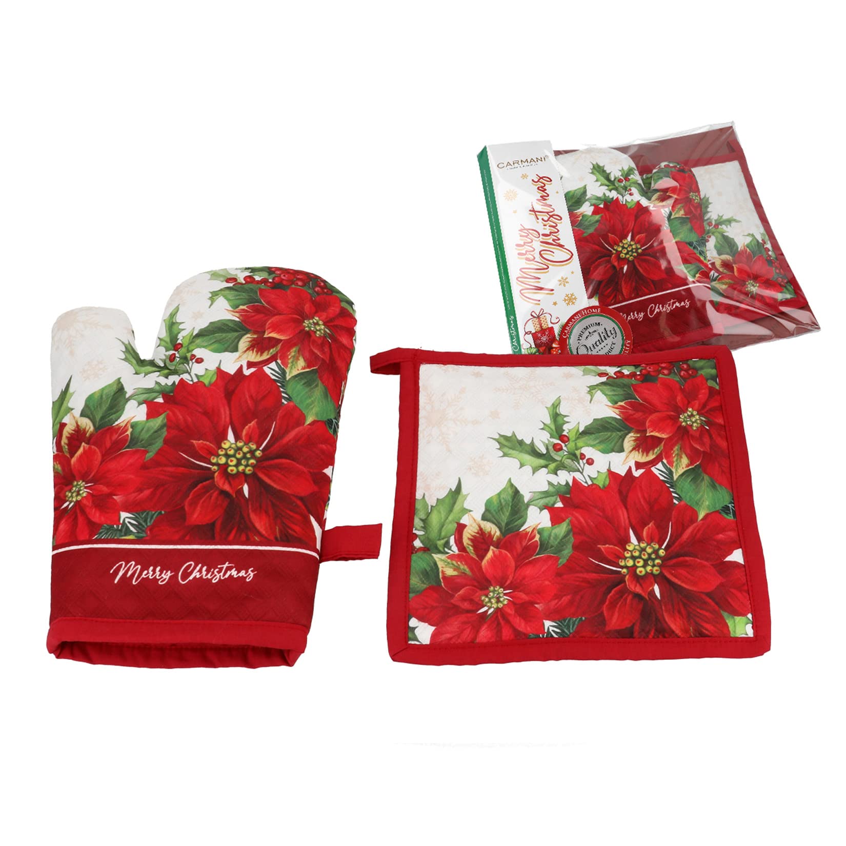 CARMANI - Decorative Oven Glove and Pot Holder Heat Resistant Non-Slip for cooking, baking, grilling printed with Christmas Theme